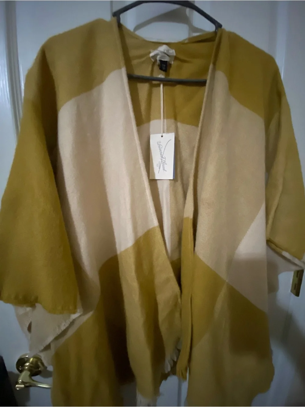 Universal Thread Ruana Colorblock Fringe Poncho | OSFM | Mustard & Cream NWT
